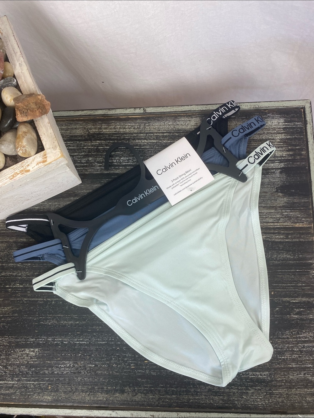 Calvin Klein SET of 3 Blue Gray & Black String Bikini Panties M NEW